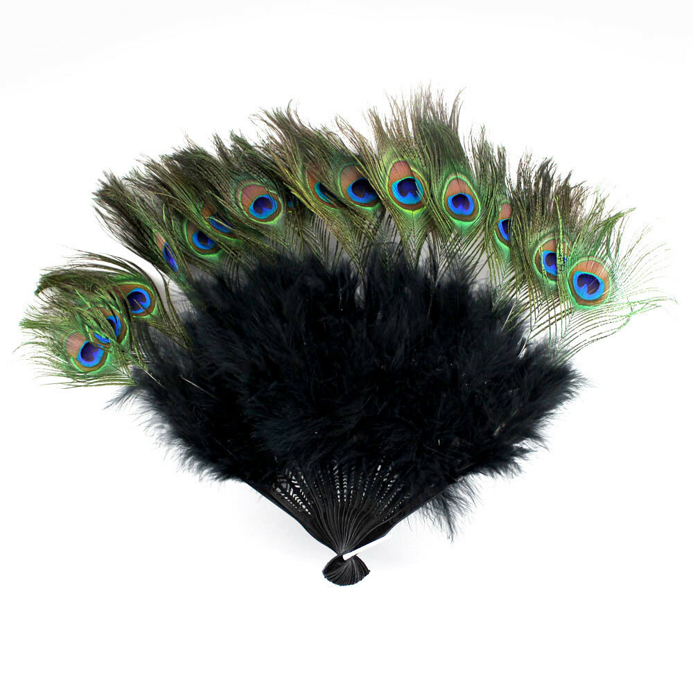 Vintage Peacock Black Feather Holding Hand Fan~halloween Party Usa Seller