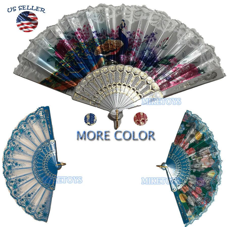 Wedding Party Lace Silk Folding Hand Fan Chinese Style Floral Flower Home Decor1